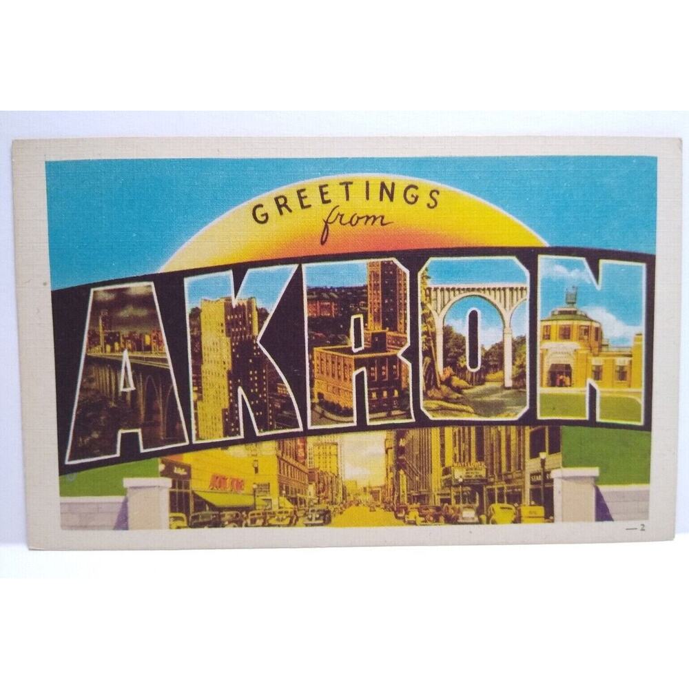 Greetings From Akron Ohio Large Big Letter City Postcard Linen Dexter Press